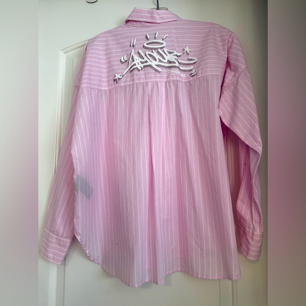 Zadig & Voltaire Pink/White Striped Blouse with Crystal Embellishment Sz S New!